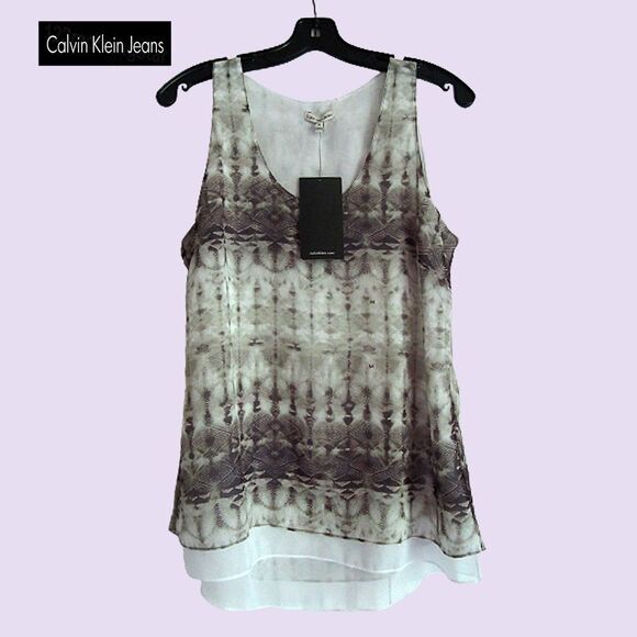 Calvin Klein Jeans NEW Abstract Khaki Tie Dye Chiffon Scoop Lined Tank Top M - Picture 1 of 10
